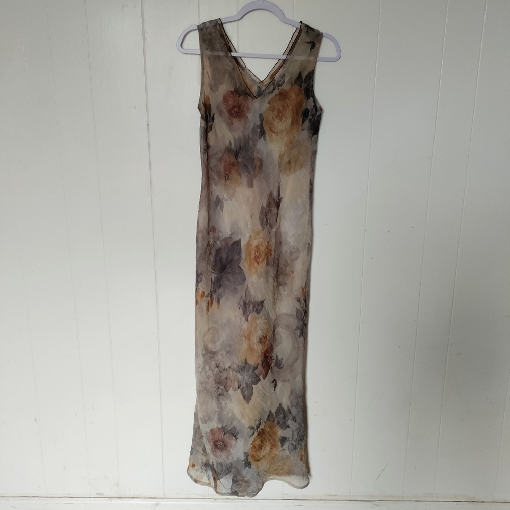 Vintage Y2K Maxi dress sheer brown floral prom boho festival Hippie 00s